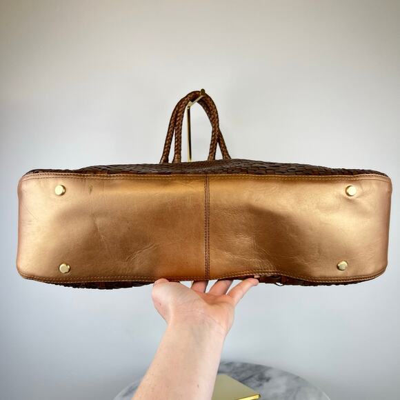 Cole Haan Genevieve Weave Brown Metallic Gold Leather Large Shoulder Bag - Picture 8 of 16